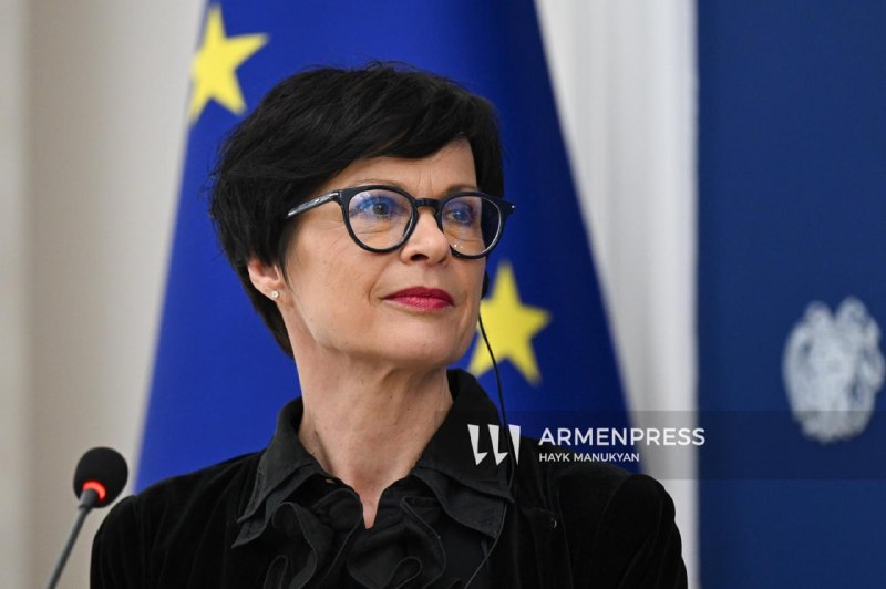 Комиссар Евросоюза по вопросам расширения Марта Кос на фоне флага ЕС, символизирующая поддержку Армении в Алаверди