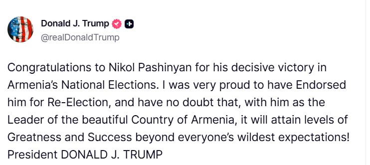 Дональд Трамп и Никол Пашинян: поздравление с победой на выборах в Армении