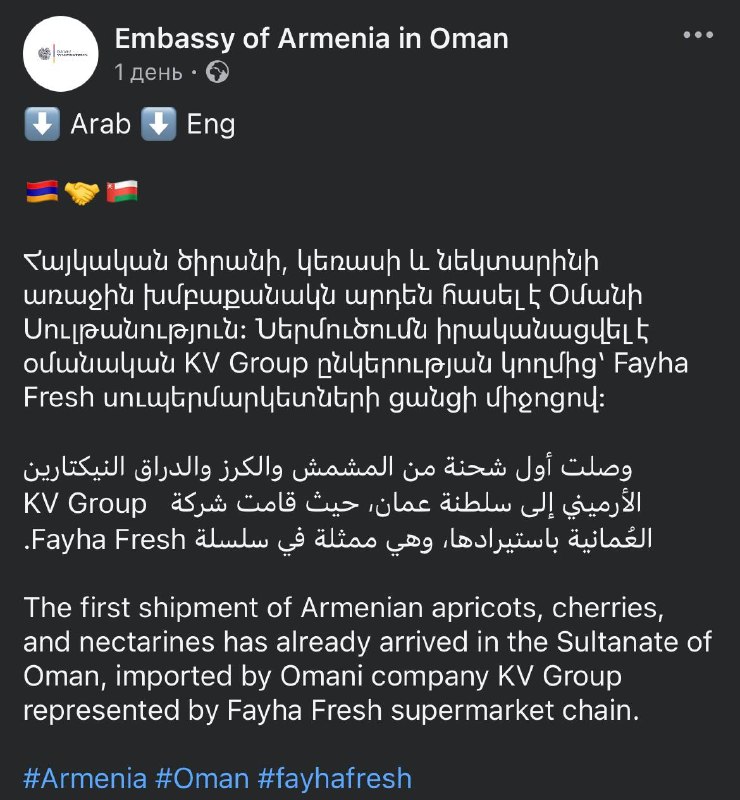 Армянские абрикосы, черешня и нектарины в супермаркете Fayha Fresh в Омане