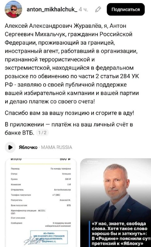 Антон Михальчук перевел 1100 рублей партии «Родина» и потребовал снять ее с выборов